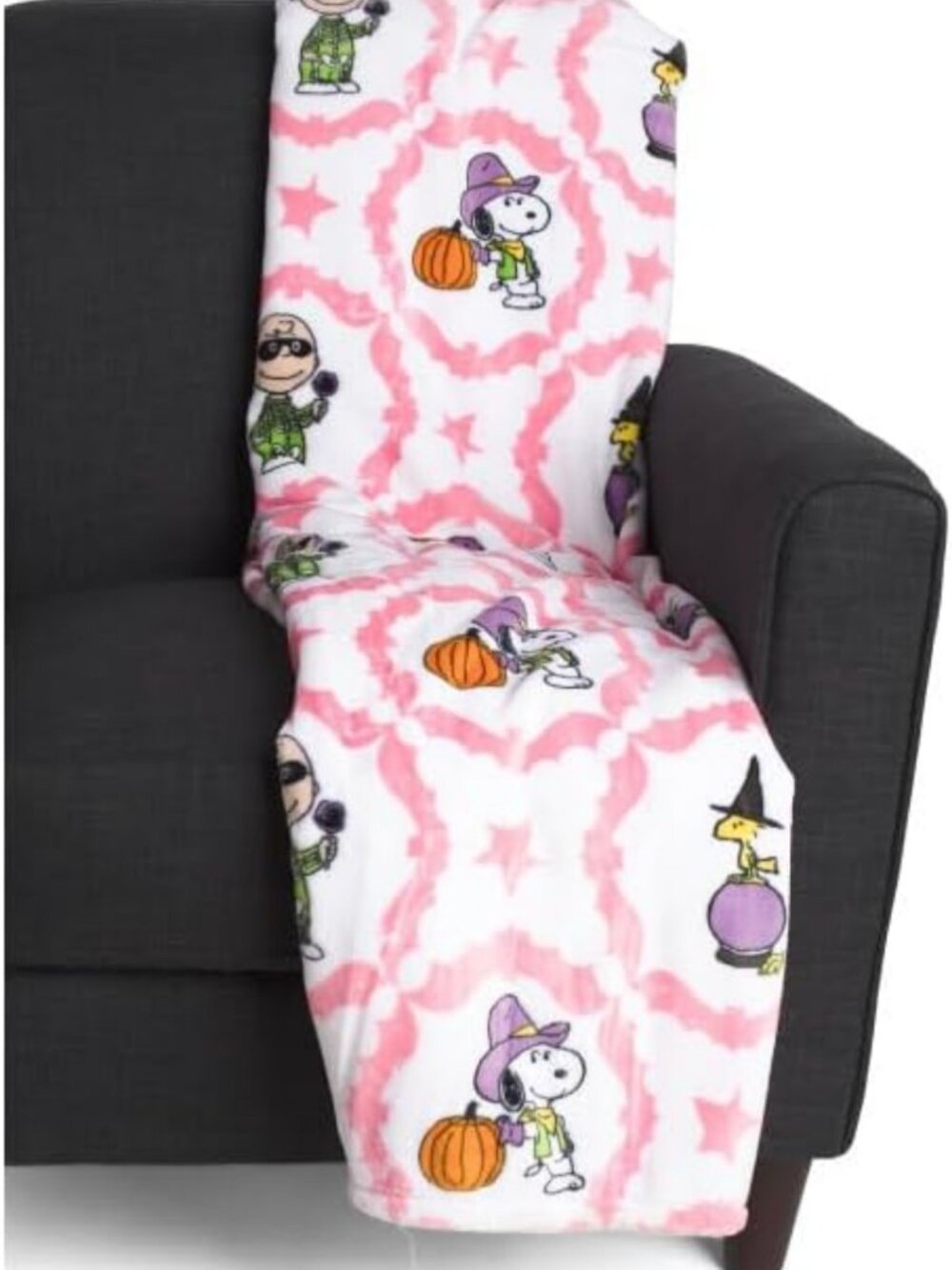Cozy Halloween Throw Blanket, Peanuts Gang Design with Pink Trim, 60" x 70